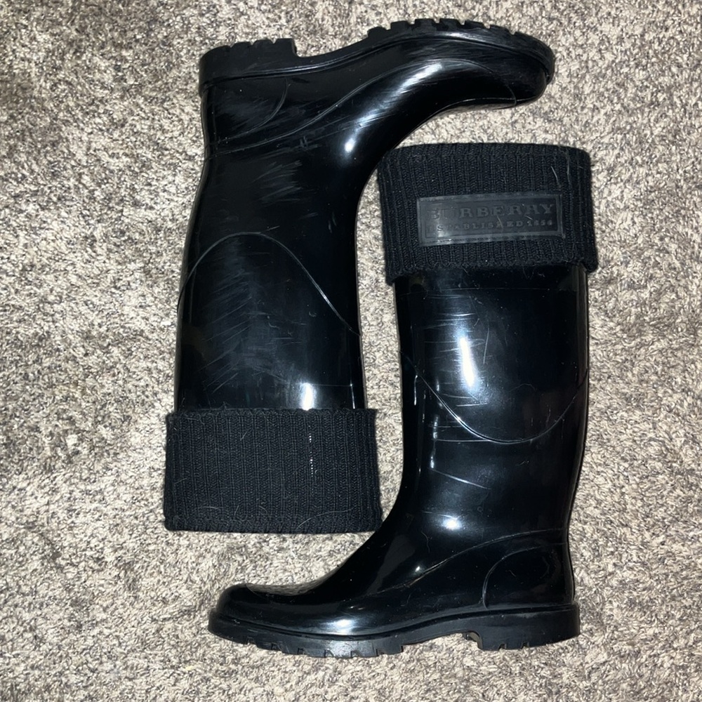 Burberry Black Rubber Rain Boots Size 36 Cloth Top - Picture 4 of 6
